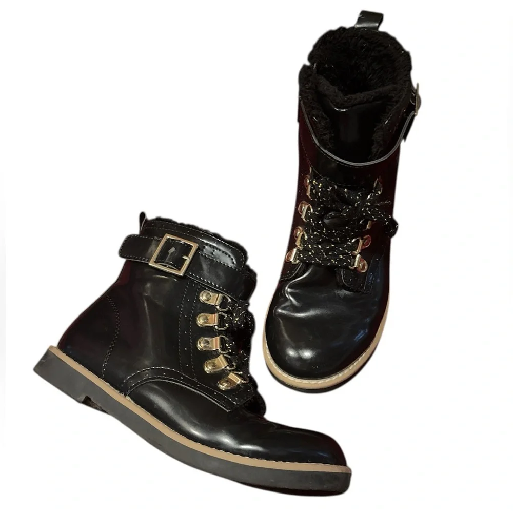 Zara girls tie up faux fur lined patent leather boots eu 34 us 2